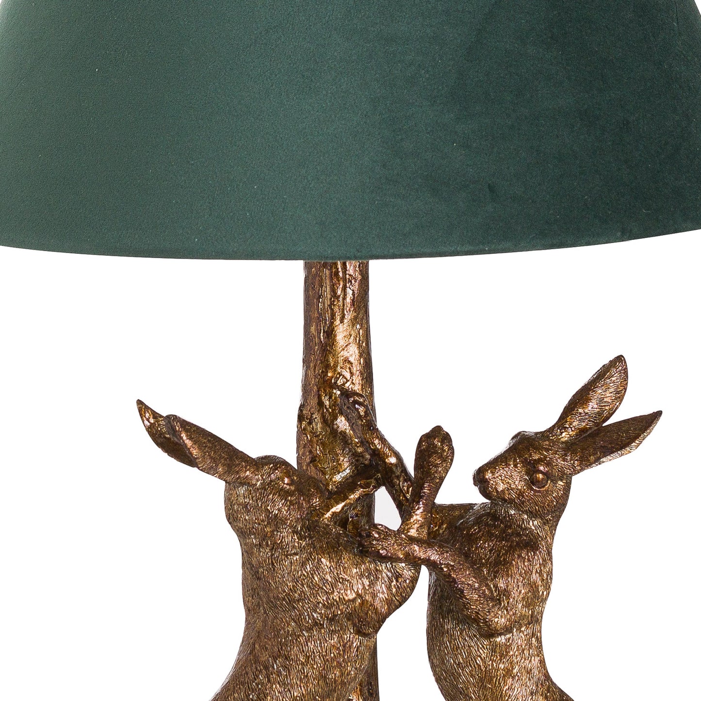 Antique Gold Marching Hares Table lamp with Green Velvet Shade