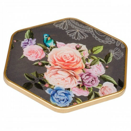 Coasters Hexagonal Flowers Design - Set of 4 - Gold case/Gold Rim