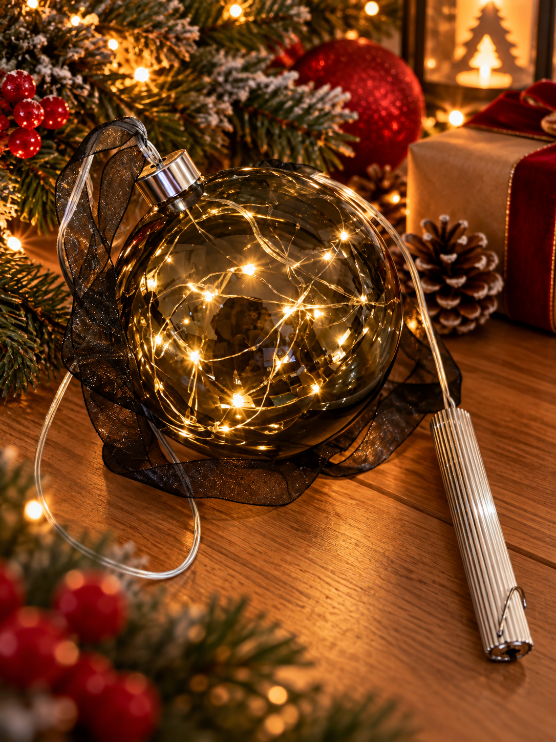 14cm Smoked Glass LED Hanging Christmas Bauble – 30 Warm White Lights