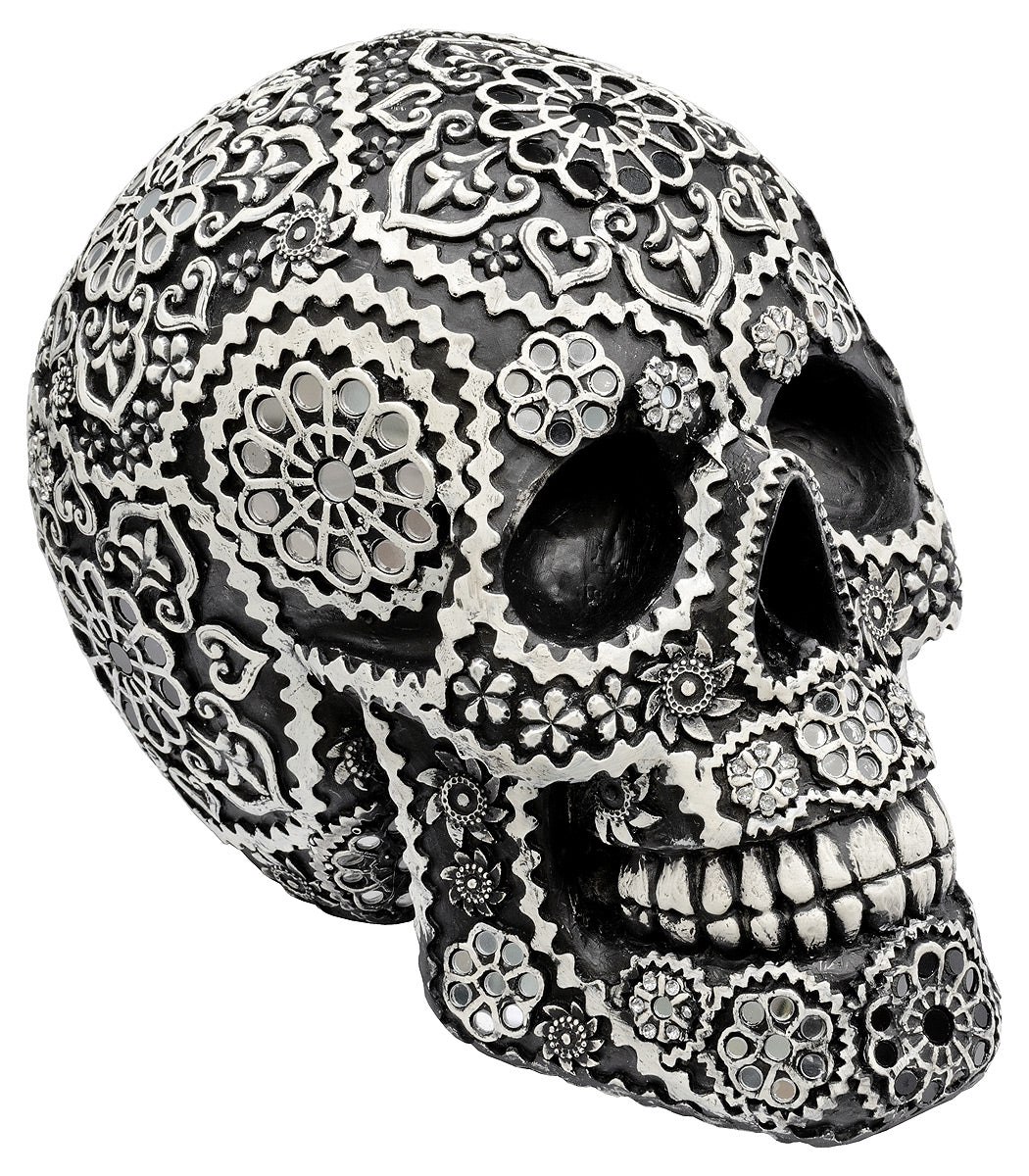 Calavera Black Sugar Skull Sculpture – Mirrored Resin Ornament 20cm