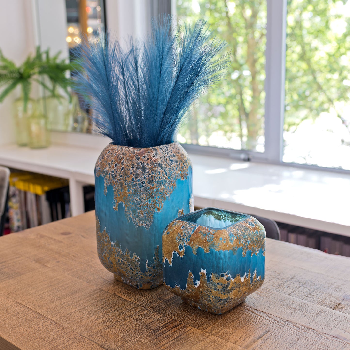 Volcanic Lava Cube Vase Blue/Gold