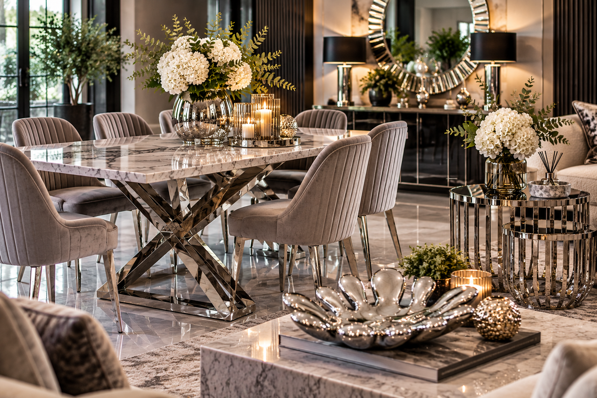 Contemporary dining tables and side tables in a modern interior