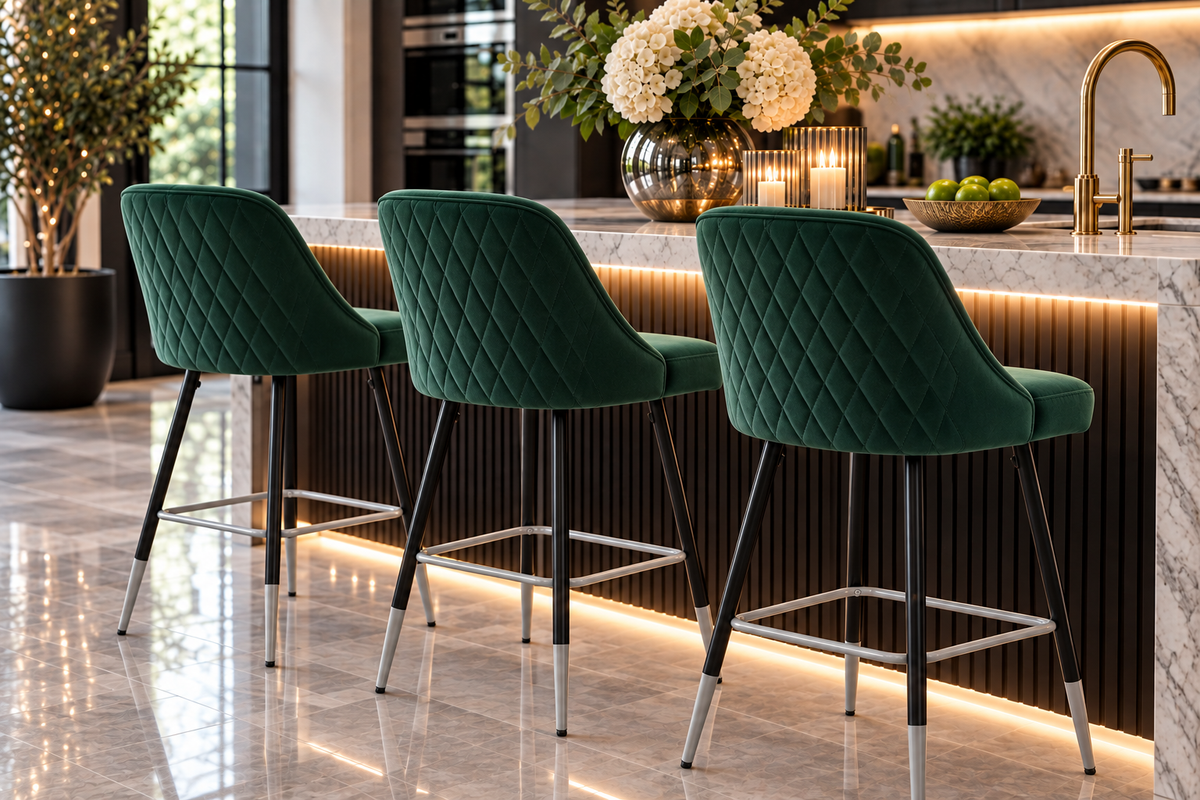 Contemporary green velvet bar stools at a modern kitchen island