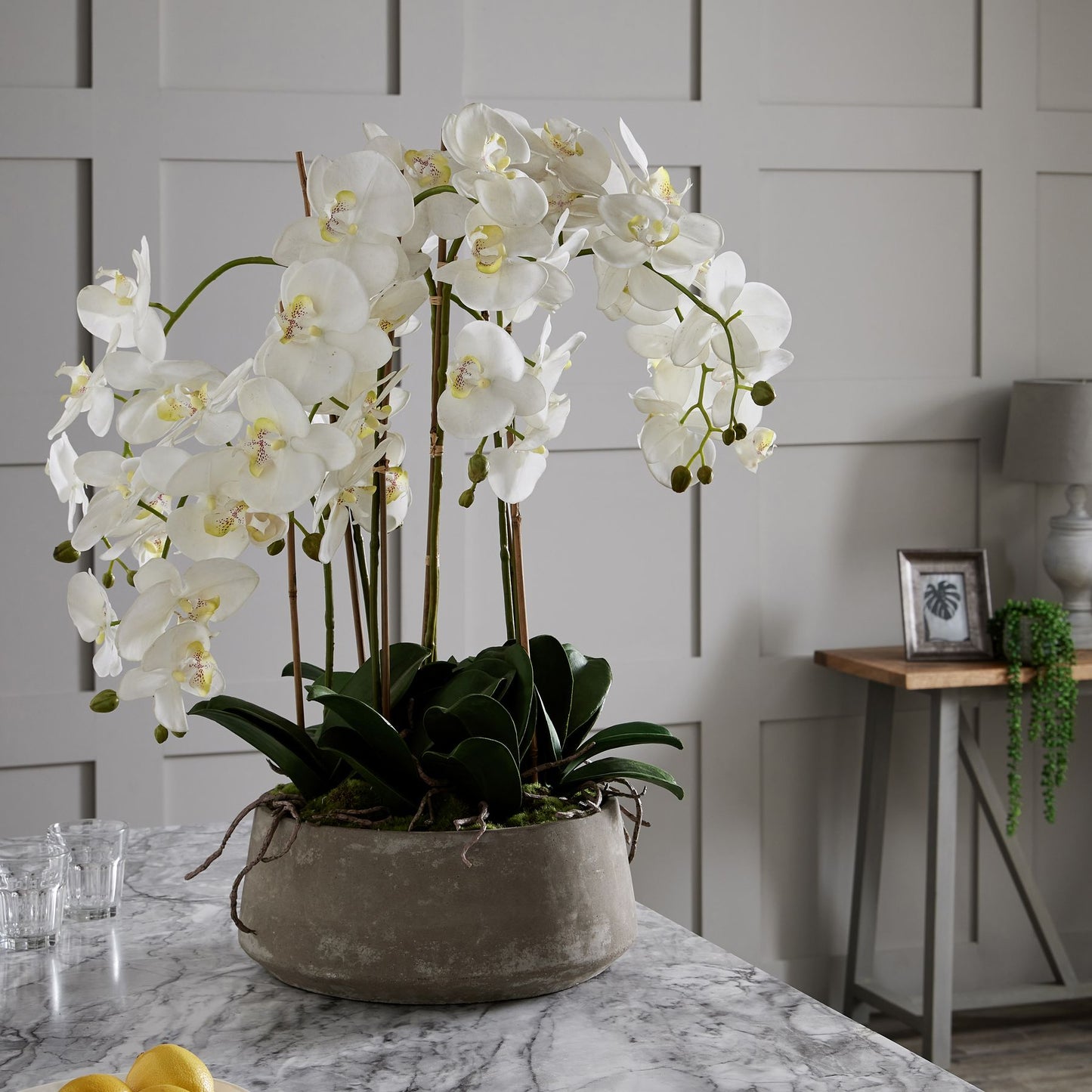 White Orchid Faux in Stone Pot 90cm
