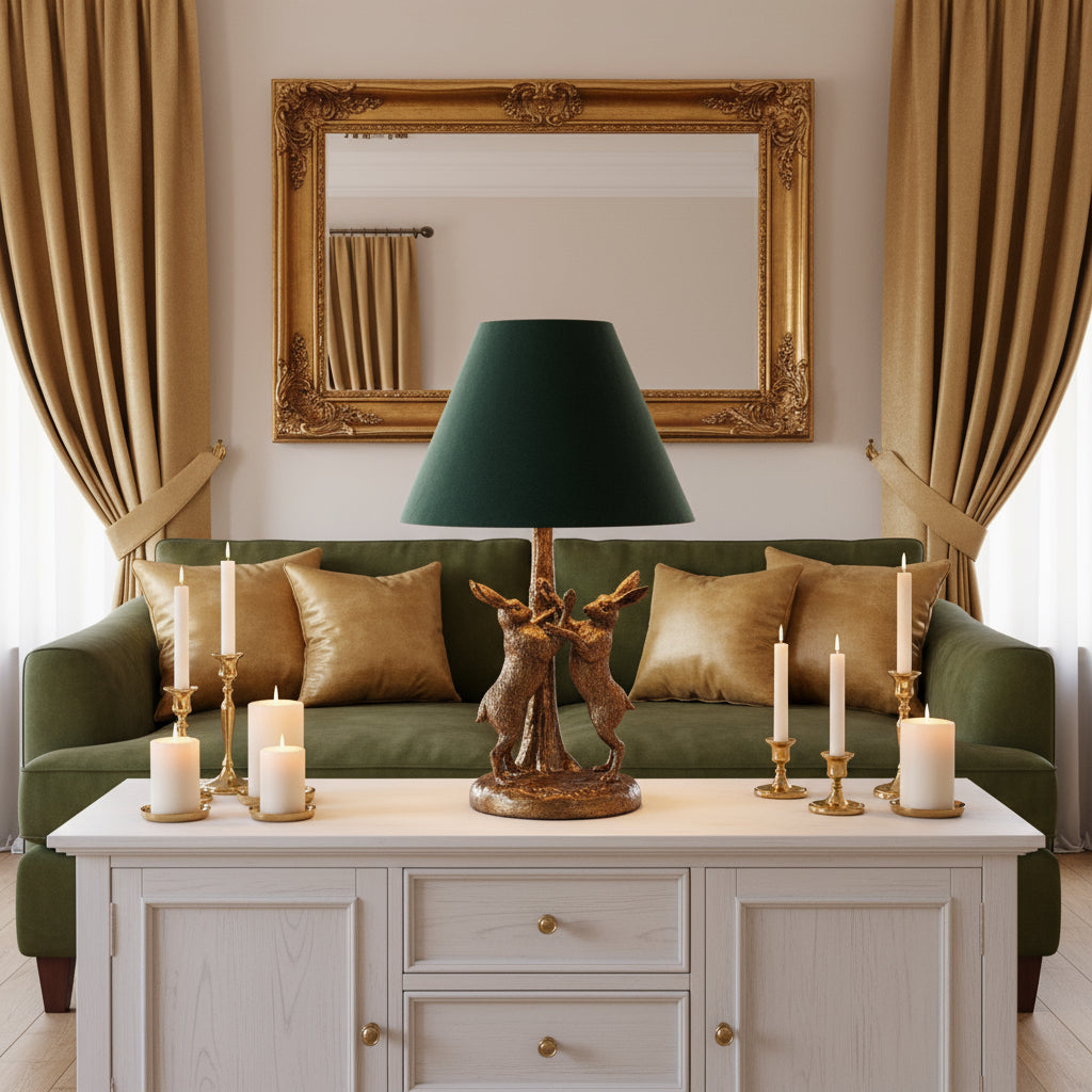 Antique Gold Marching Hares Table lamp with Green Velvet Shade