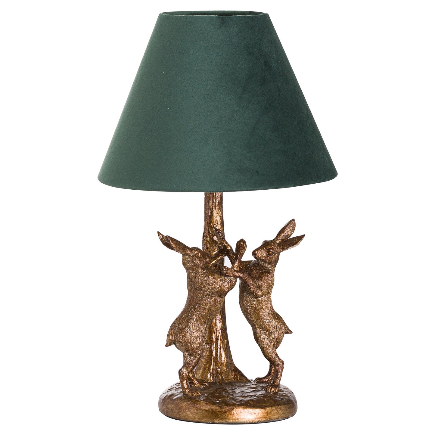Antique Gold Marching Hares Table lamp with Green Velvet Shade
