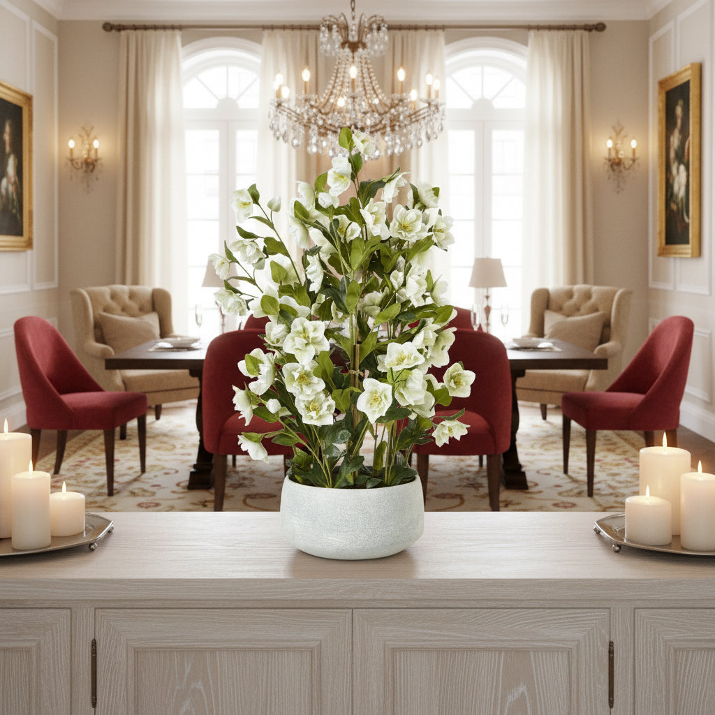 Large White Hellebore Plant In Grey Pot