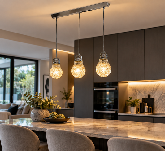 3 light glass pendant ceiling light above contemporary kitchen island
