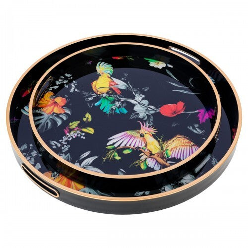 Circular Tray Set Of Two With Parrot Design-Serving Trays