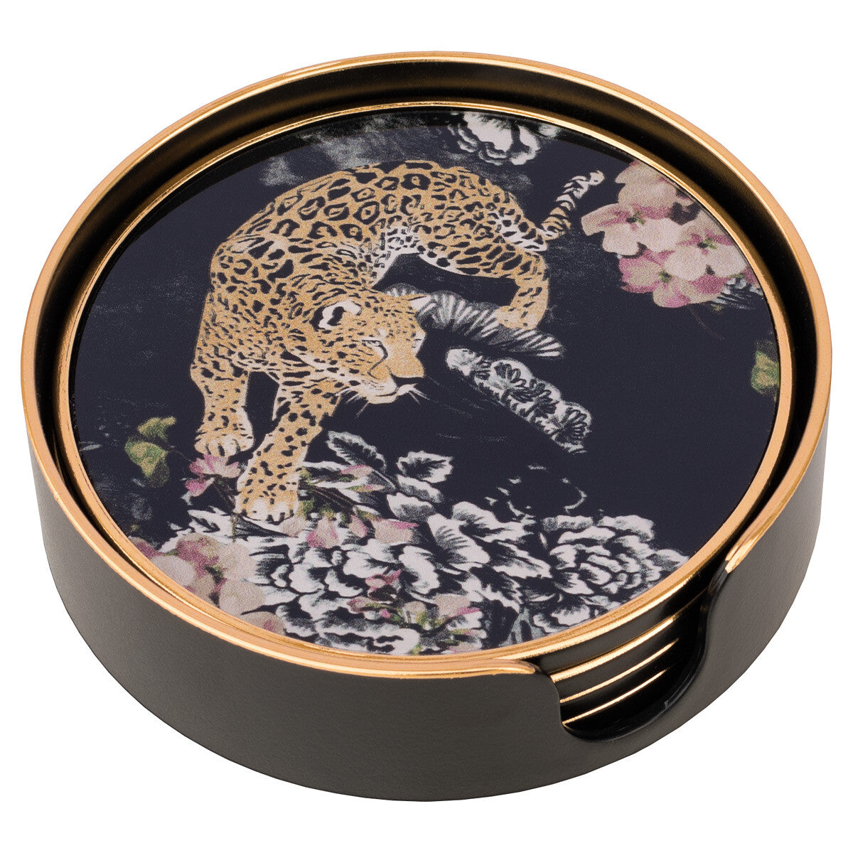 Coasters Glass Round Leopard Design (Black/Pink/Gold) - Set of 4