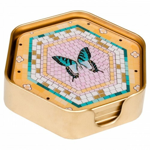 Coasters Hexagonal Pink Butterfly Design - Glass - Set of 4 - Gold Case/Rim