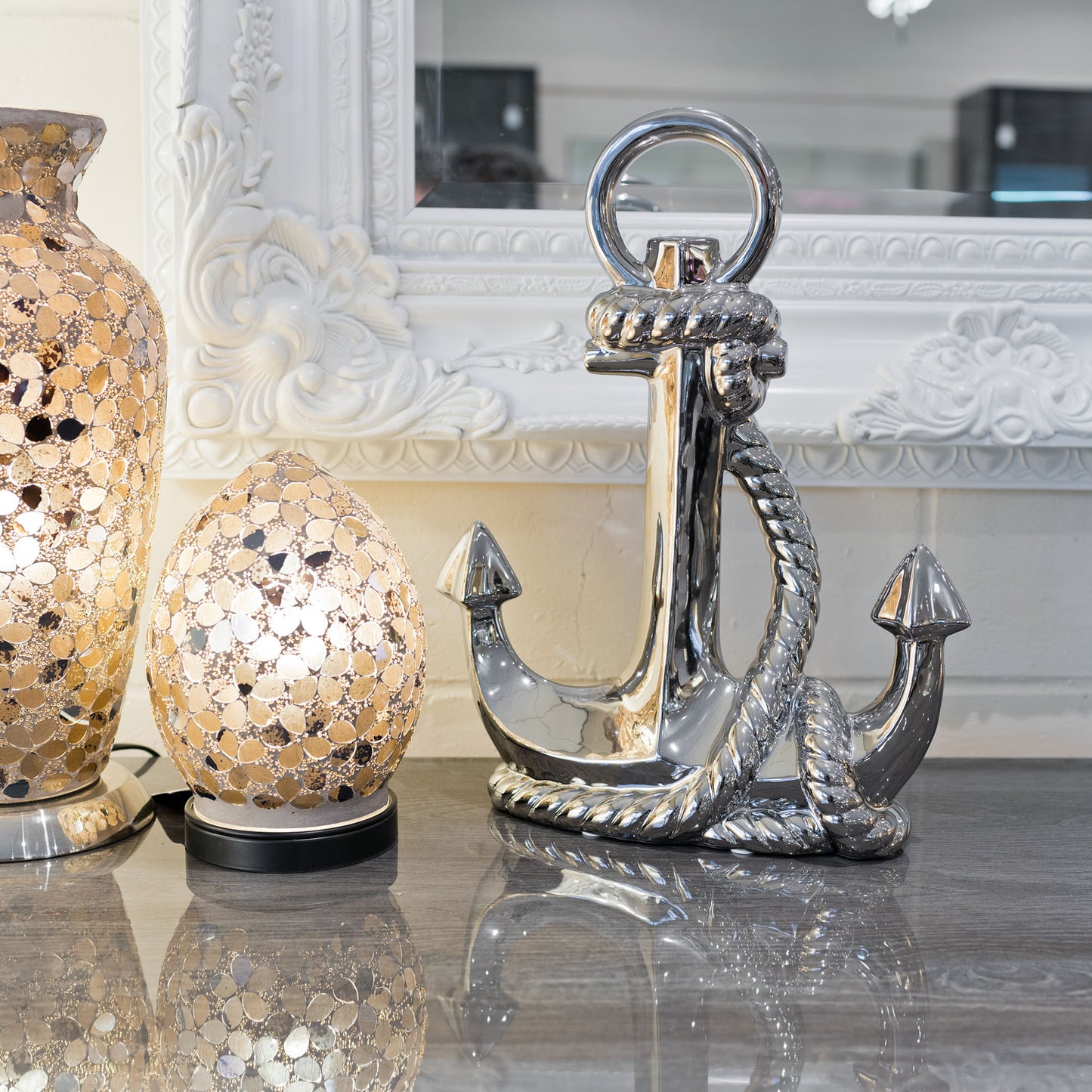 Ceramic Silver Anchor - Very Detailed - Mantle Ornament - Polished Chrome