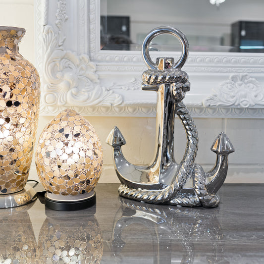 Ceramic Silver Anchor - Very Detailed - Mantle Ornament - Polished Chrome