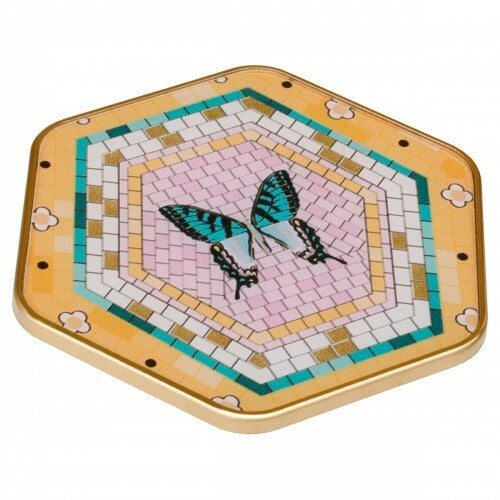 Coasters Hexagonal Pink Butterfly Design - Glass - Set of 4 - Gold Case/Rim