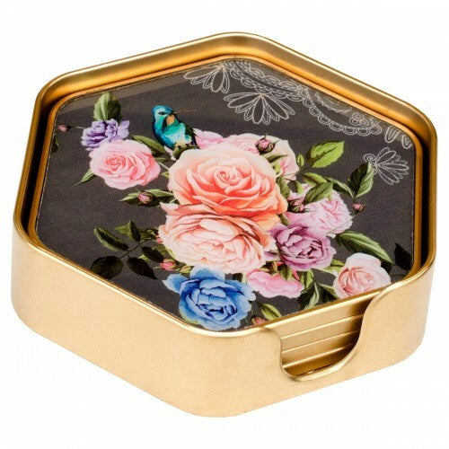 Coasters Hexagonal Flowers Design - Set of 4 - Gold case/Gold Rim