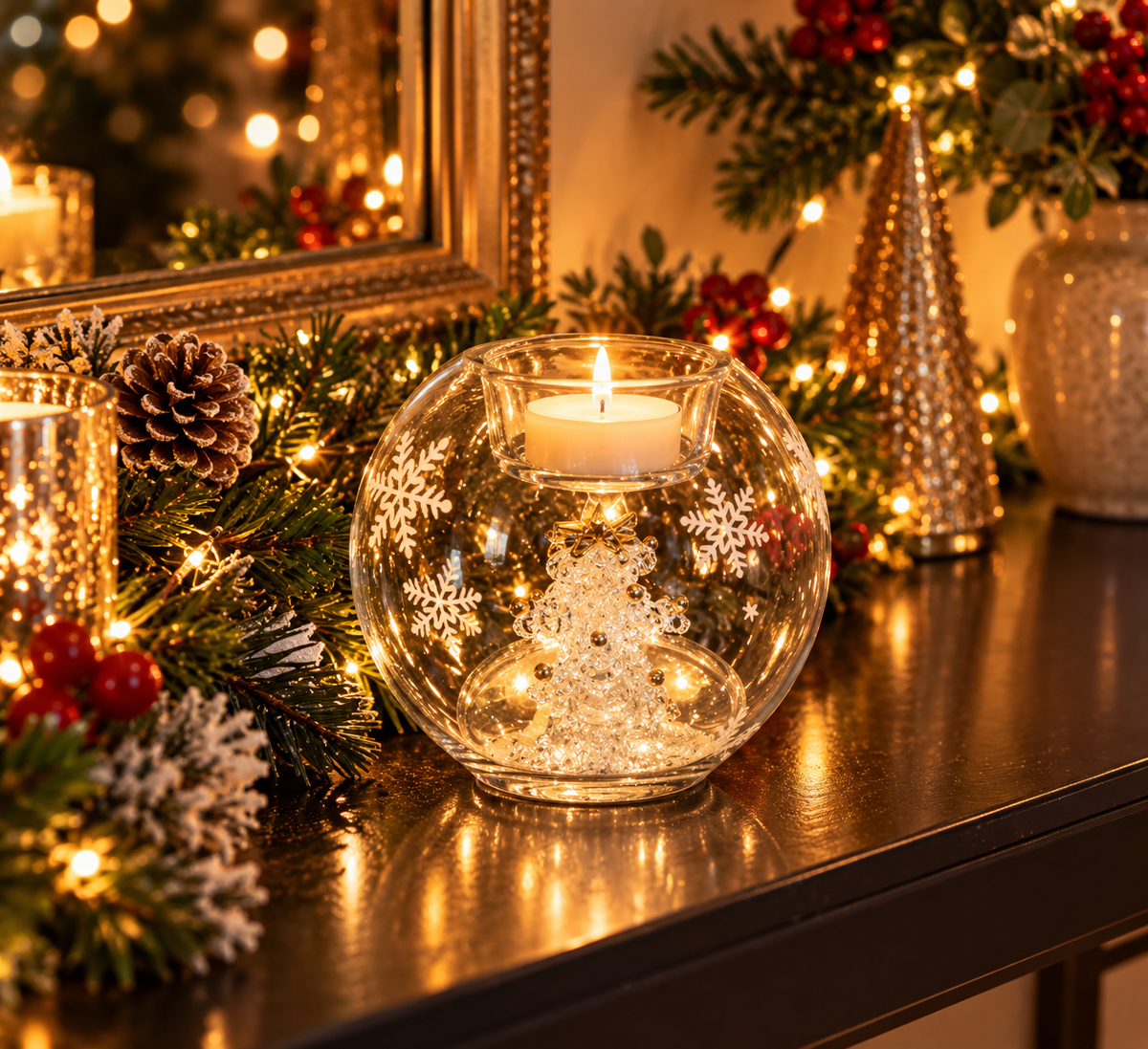 Christmas Glass Tealight Holder with Decorative Tree – 10cm