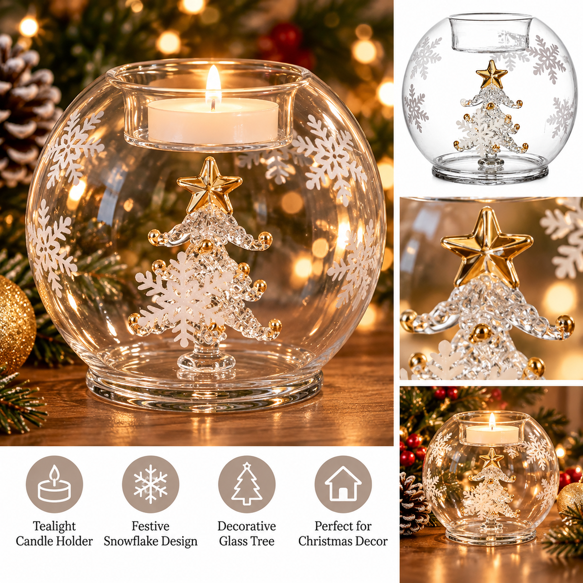 Christmas Glass Tealight Holder with Decorative Tree – 10cm