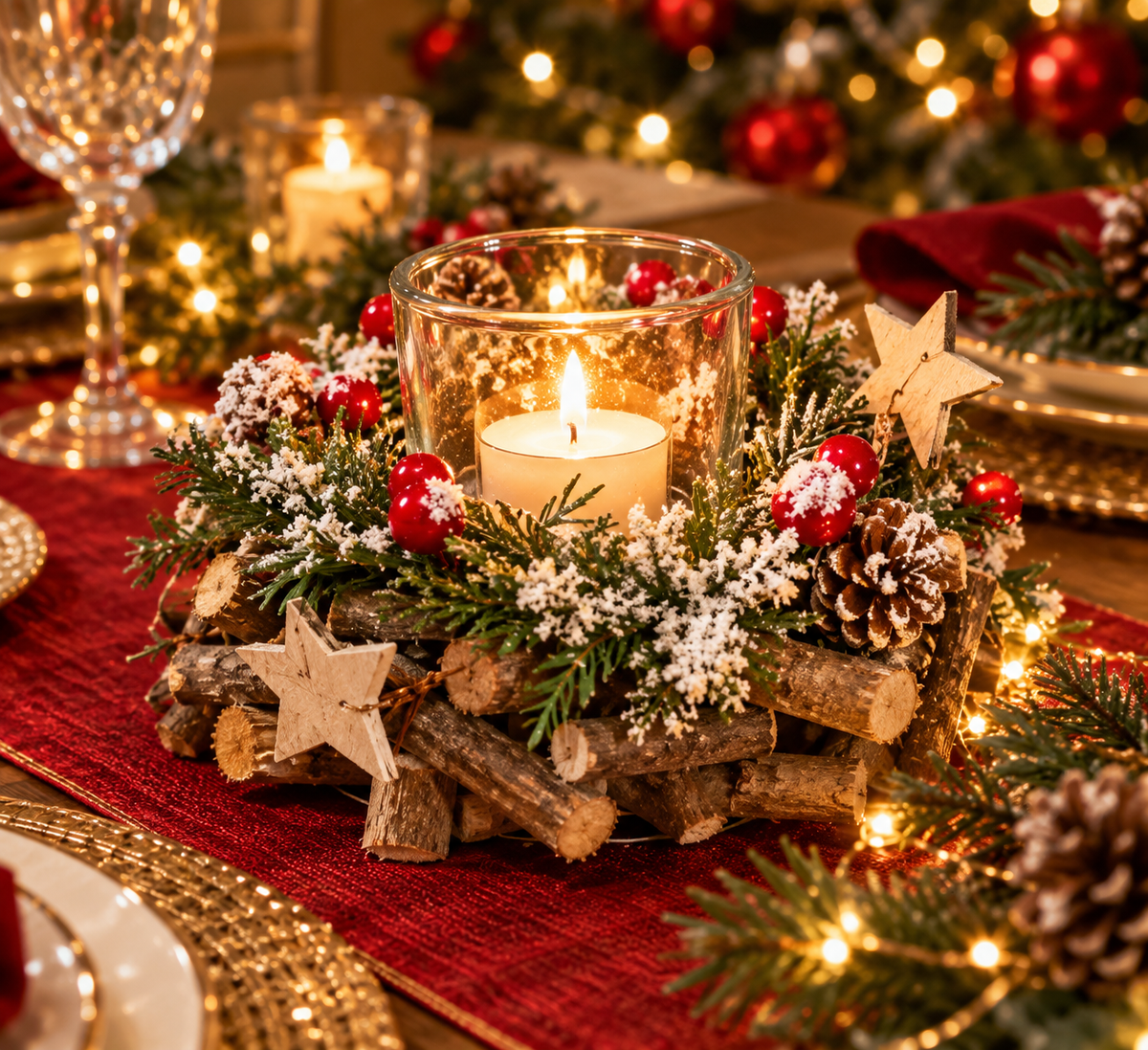 Large Frosted Berry & Pinecone Christmas Candle Holder – 20cm