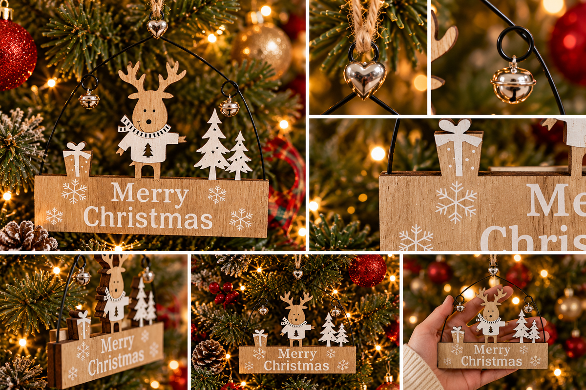 Merry Christmas Wooden Hanging Sign – White Reindeer & Bells – 18cm