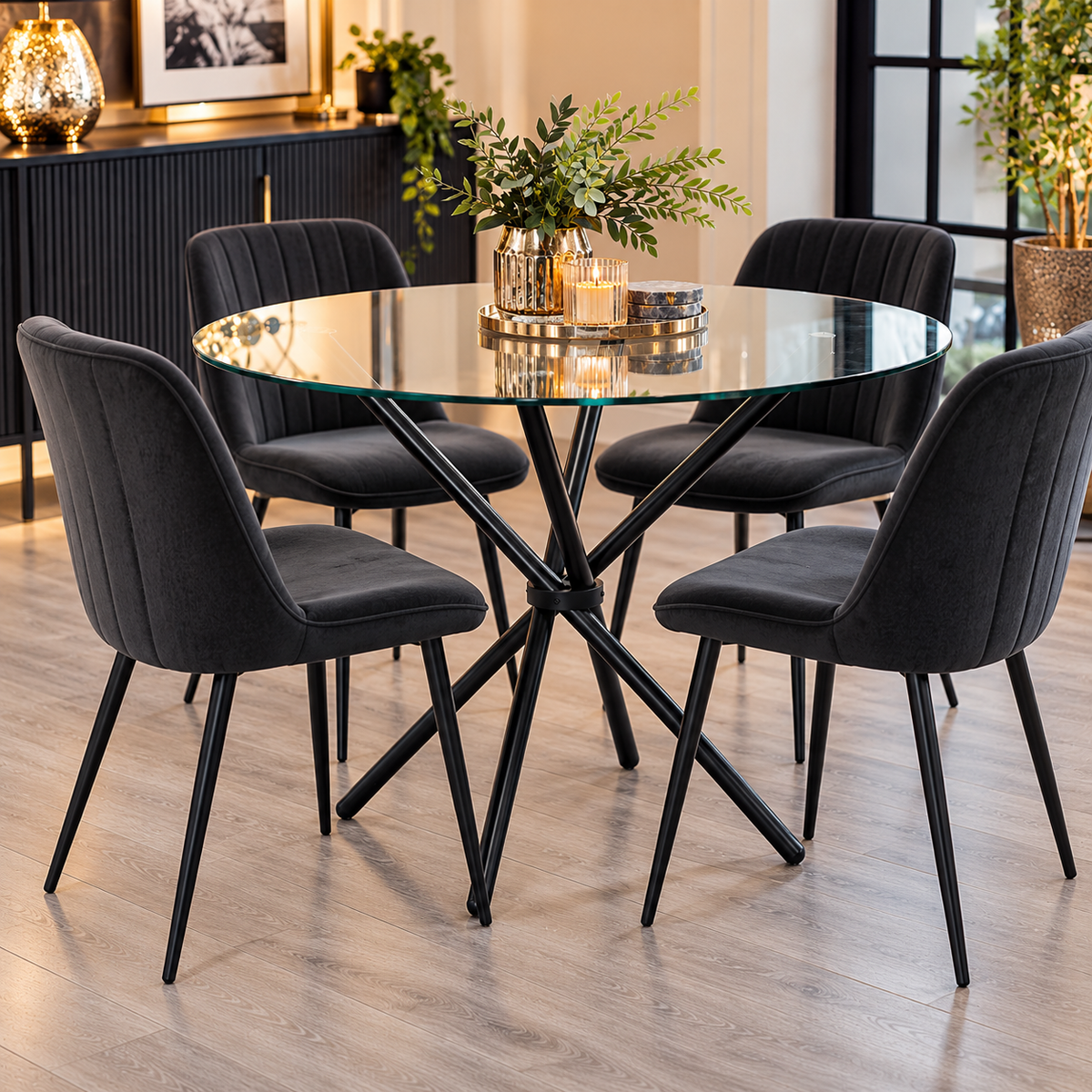Modern Round Glass Dining Table 90cm – Black Criss Cross Base