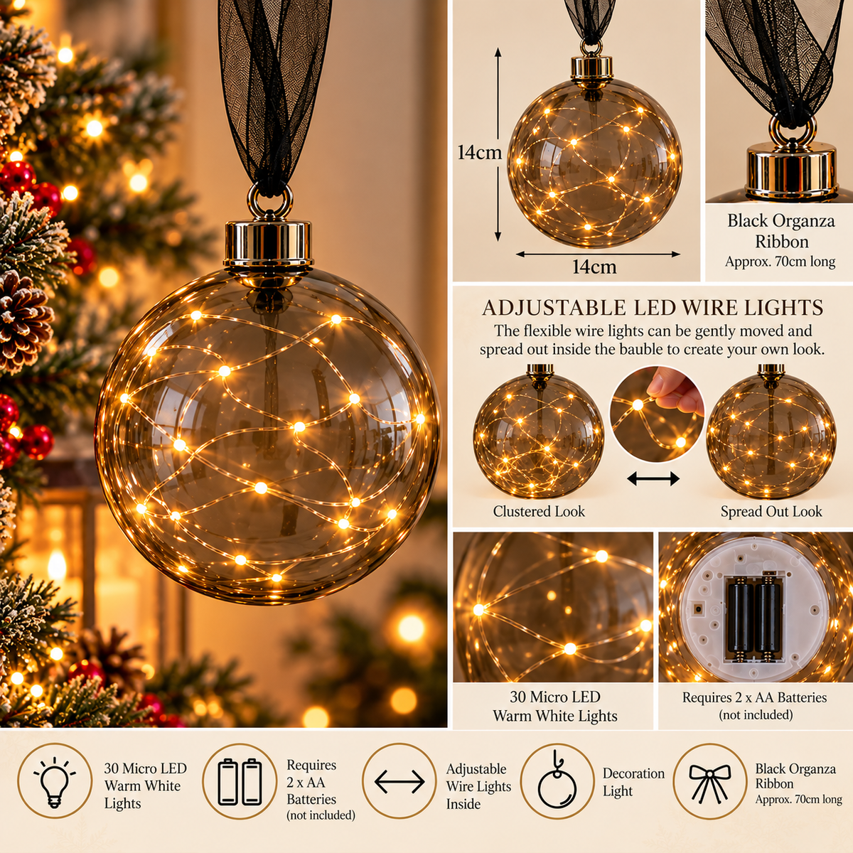 14cm Smoked Glass LED Hanging Christmas Bauble – 30 Warm White Lights