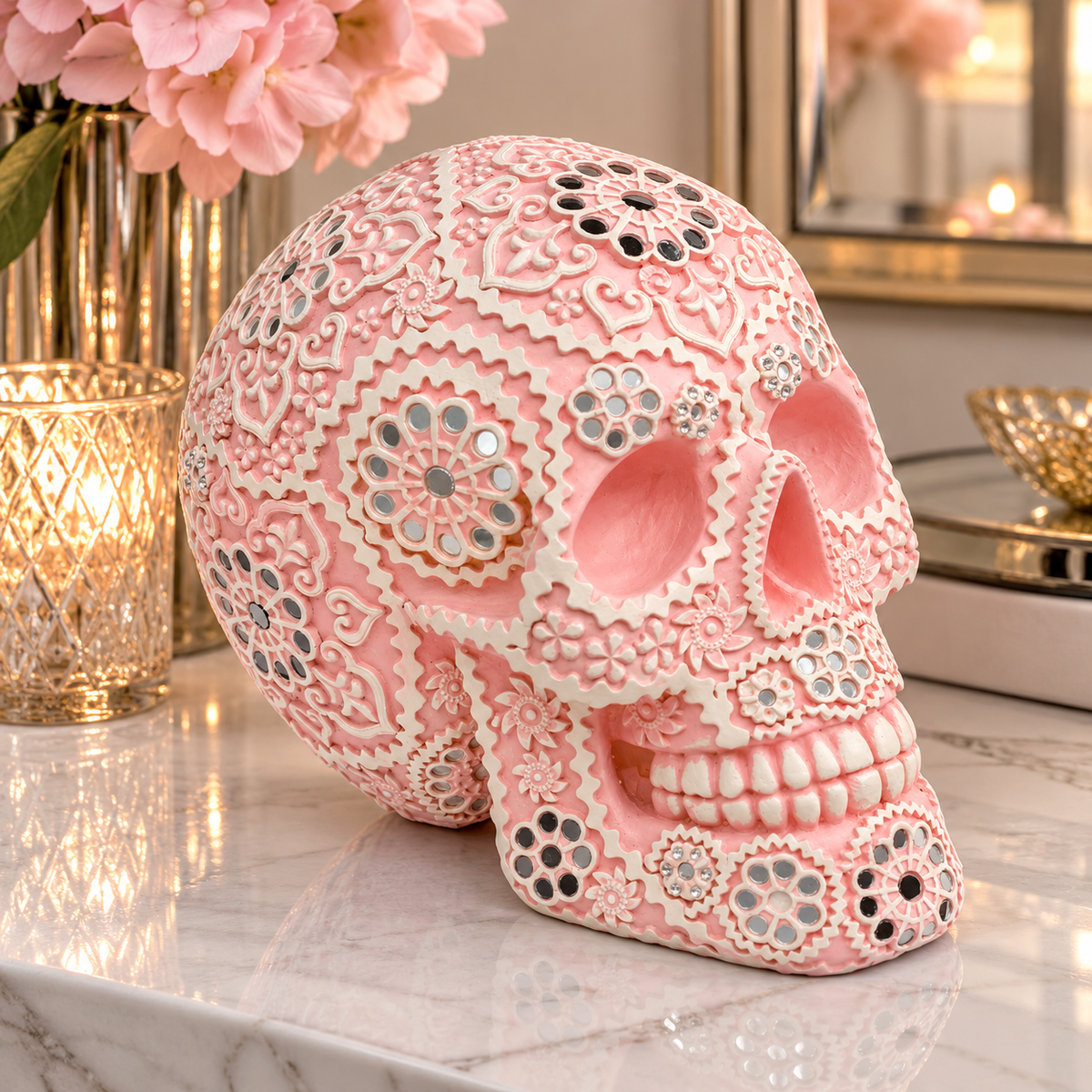 Calavera Pink Sugar Skull Sculpture – Mirrored Resin Ornament 20cm