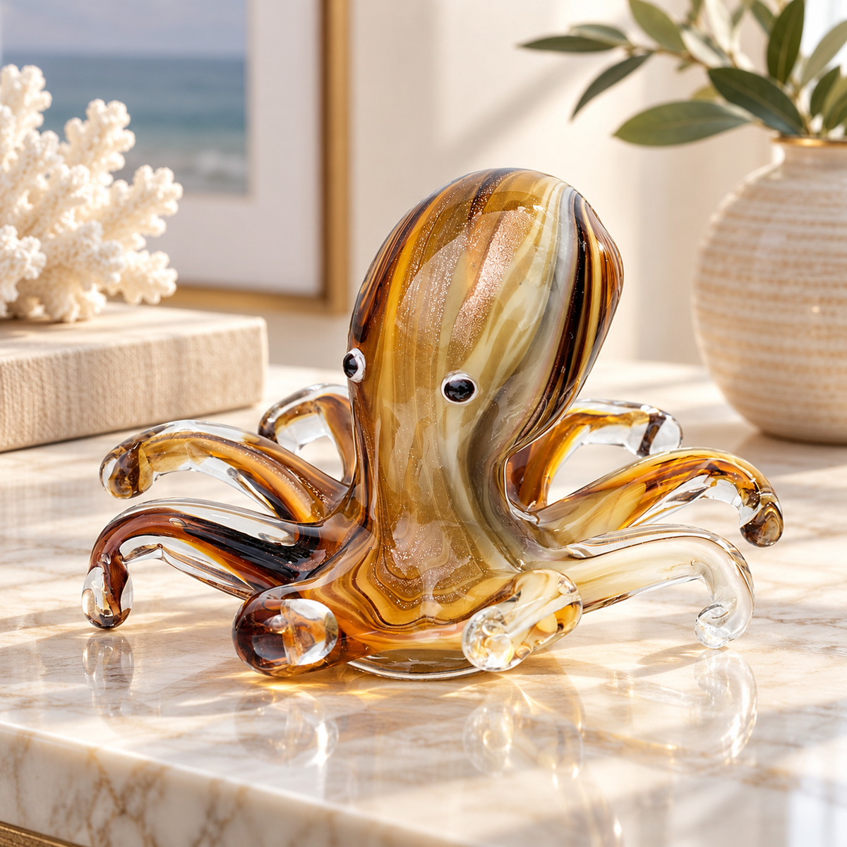 Handmade Baby Glass Octopus Ornament – Amber, Brown & Gold