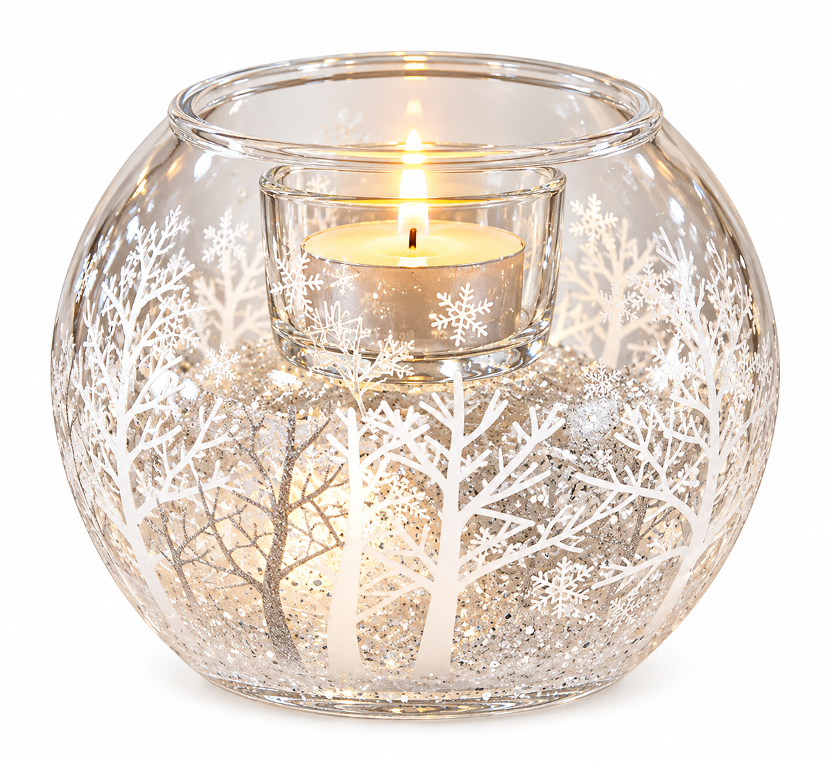White Wonderland Glitter Glass Tealight Holder – 8cm