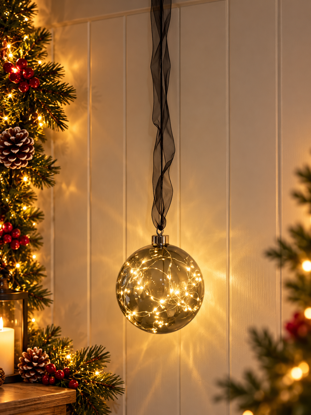 14cm Smoked Glass LED Hanging Christmas Bauble – 30 Warm White Lights