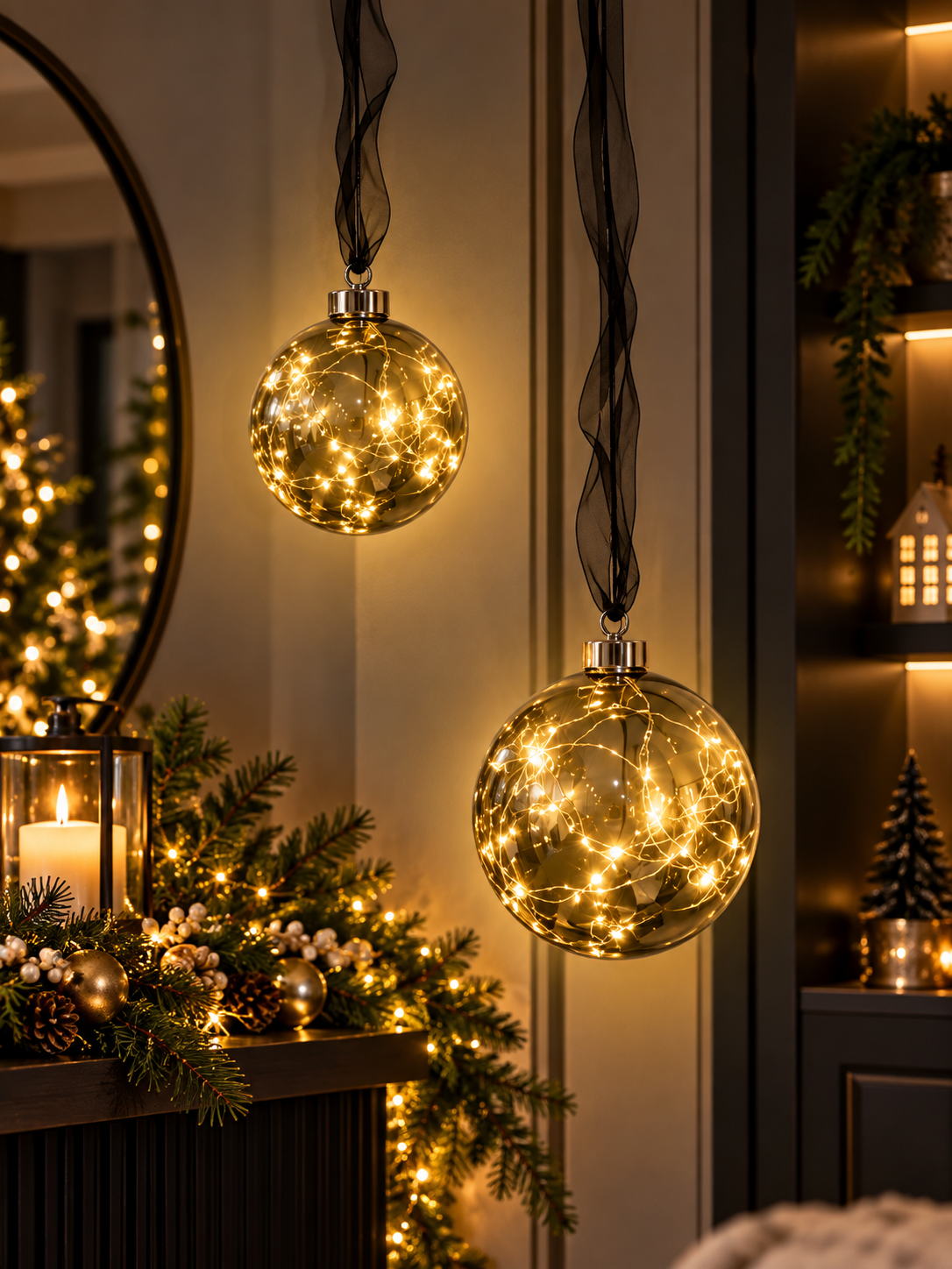 14cm Smoked Glass LED Hanging Christmas Bauble – 30 Warm White Lights