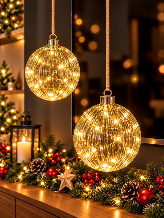 14cm Ribbed Smoky Glass LED Christmas Bauble – Warm White Lights