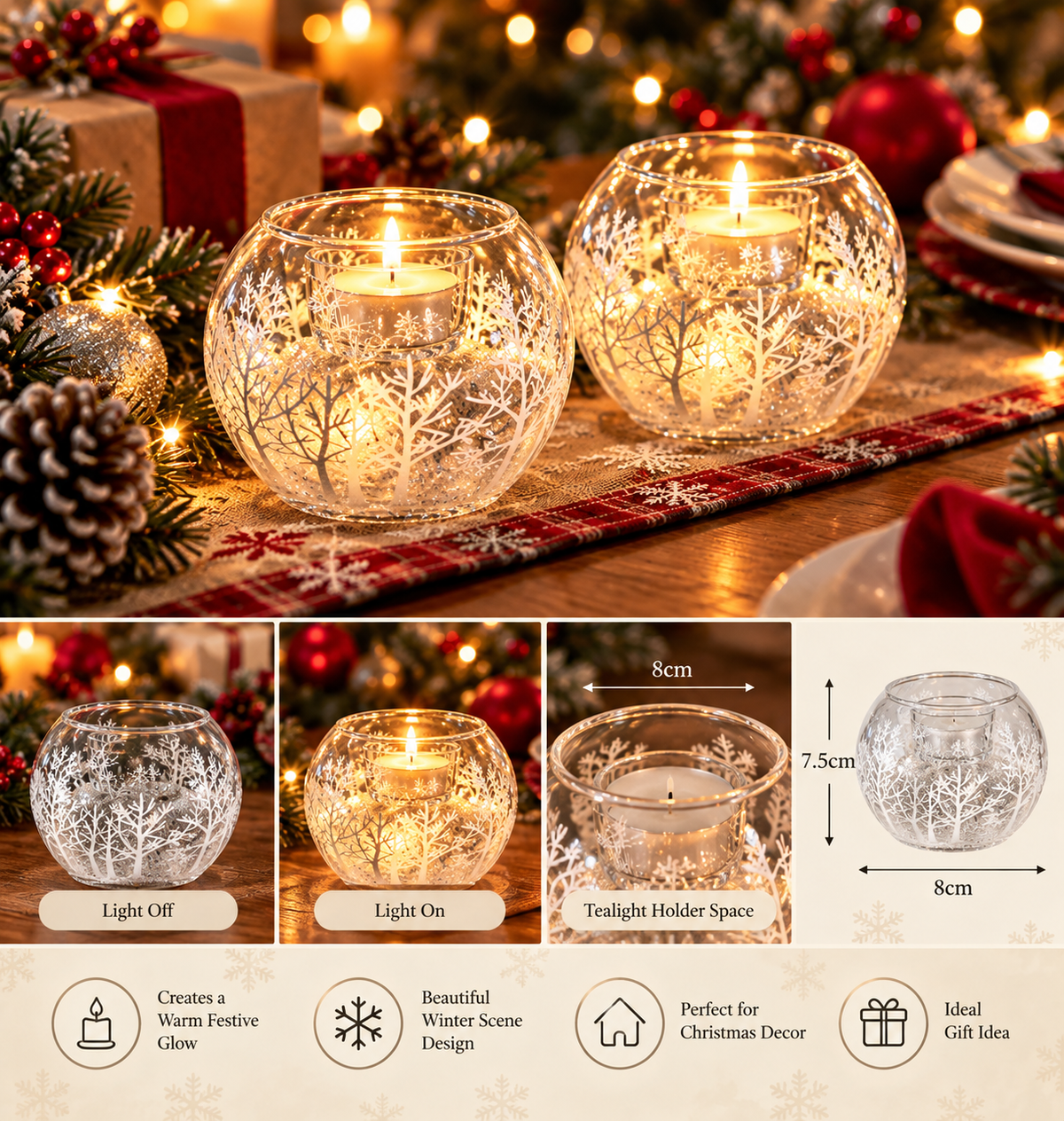 White Wonderland Glitter Glass Tealight Holder – 8cm