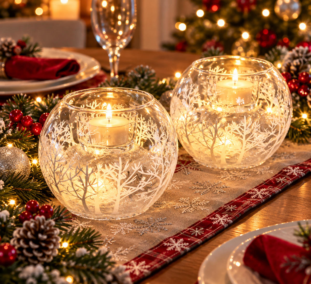 White Wonderland Glitter Glass Tealight Holder – 8cm