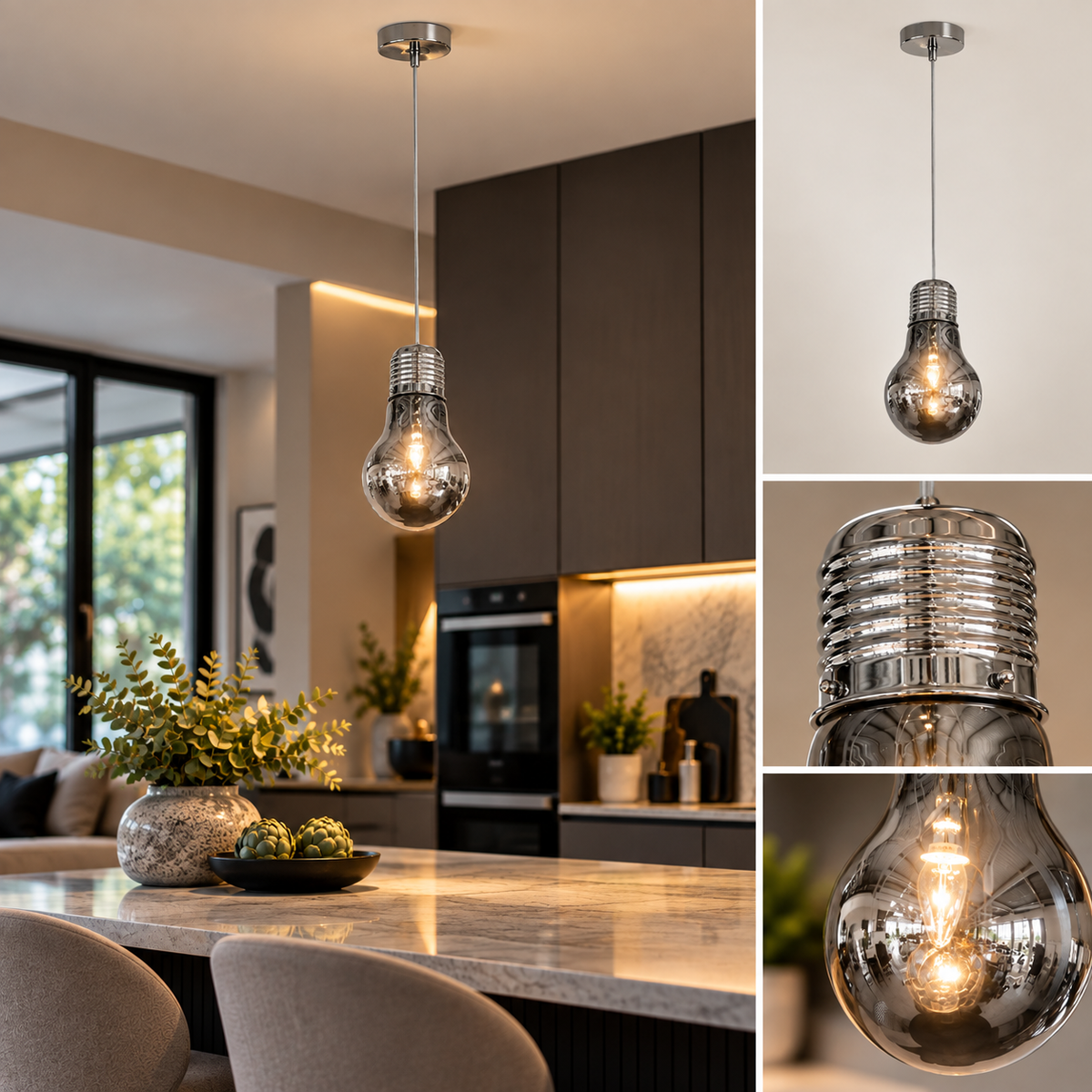 Smoked glass pendant ceiling light in contemporary kitchen