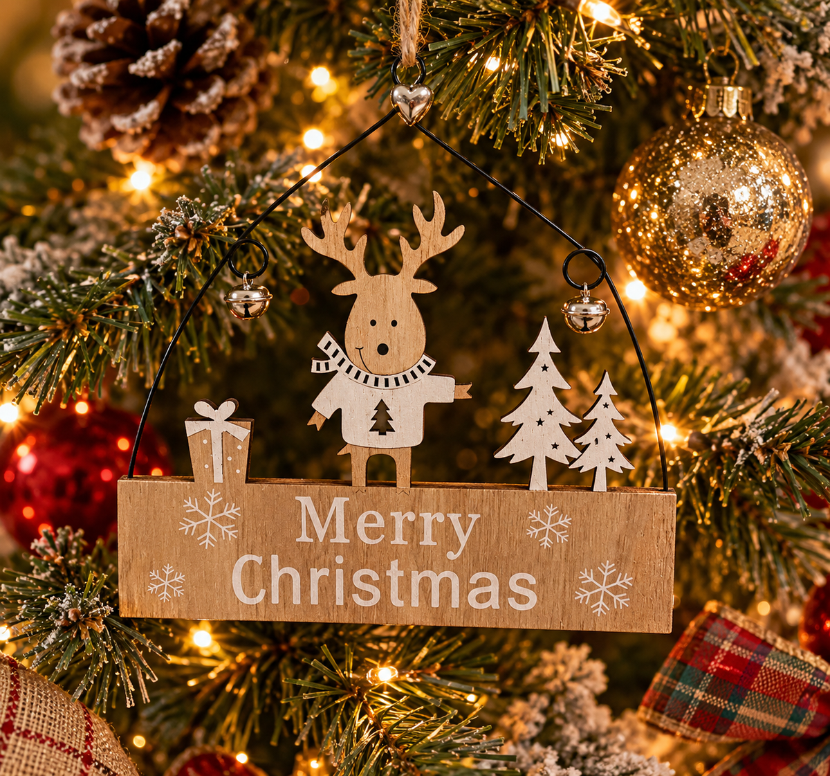 Merry Christmas Wooden Hanging Sign – White Reindeer & Bells – 18cm