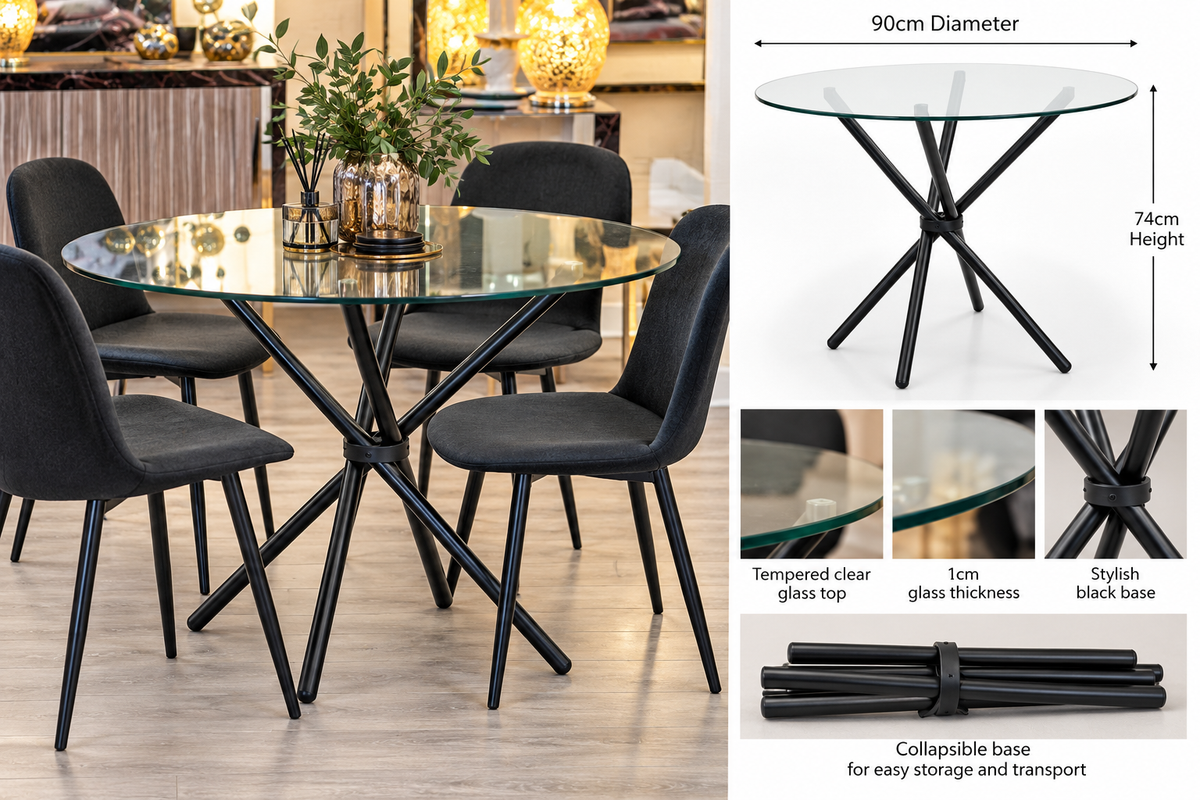 Modern Round Glass Dining Table 90cm – Black Criss Cross Base