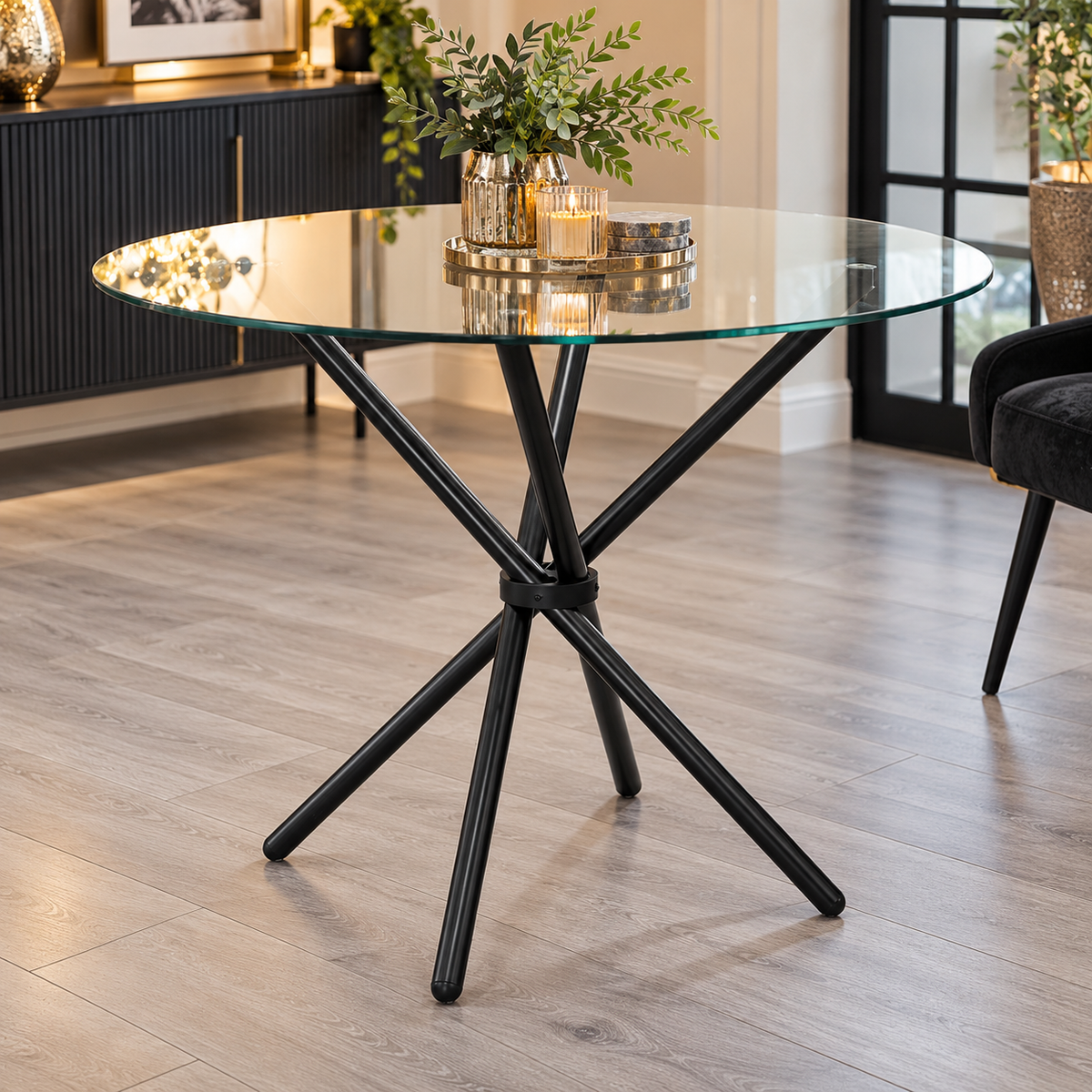 Modern Round Glass Dining Table 90cm – Black Criss Cross Base