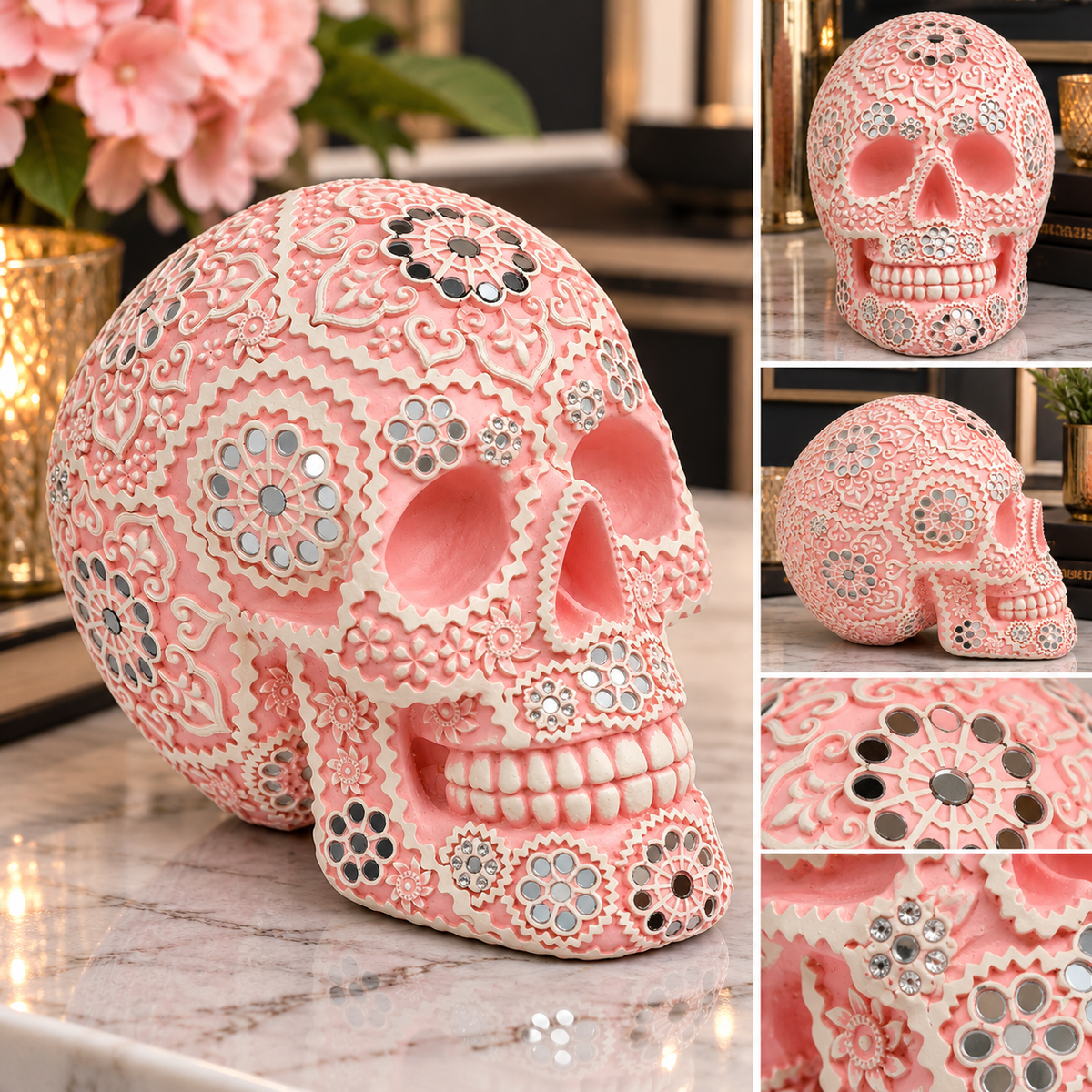 Calavera Pink Sugar Skull Sculpture – Mirrored Resin Ornament 20cm
