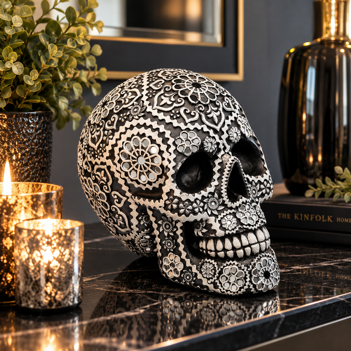 Calavera Black Sugar Skull Sculpture – Mirrored Resin Ornament 20cm