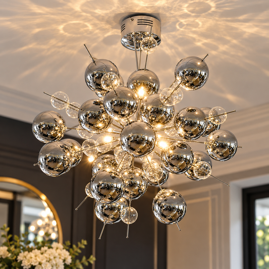 Chrome Bauble 10 Light Chandelier – Modern Sputnik Ceiling Light 60cm