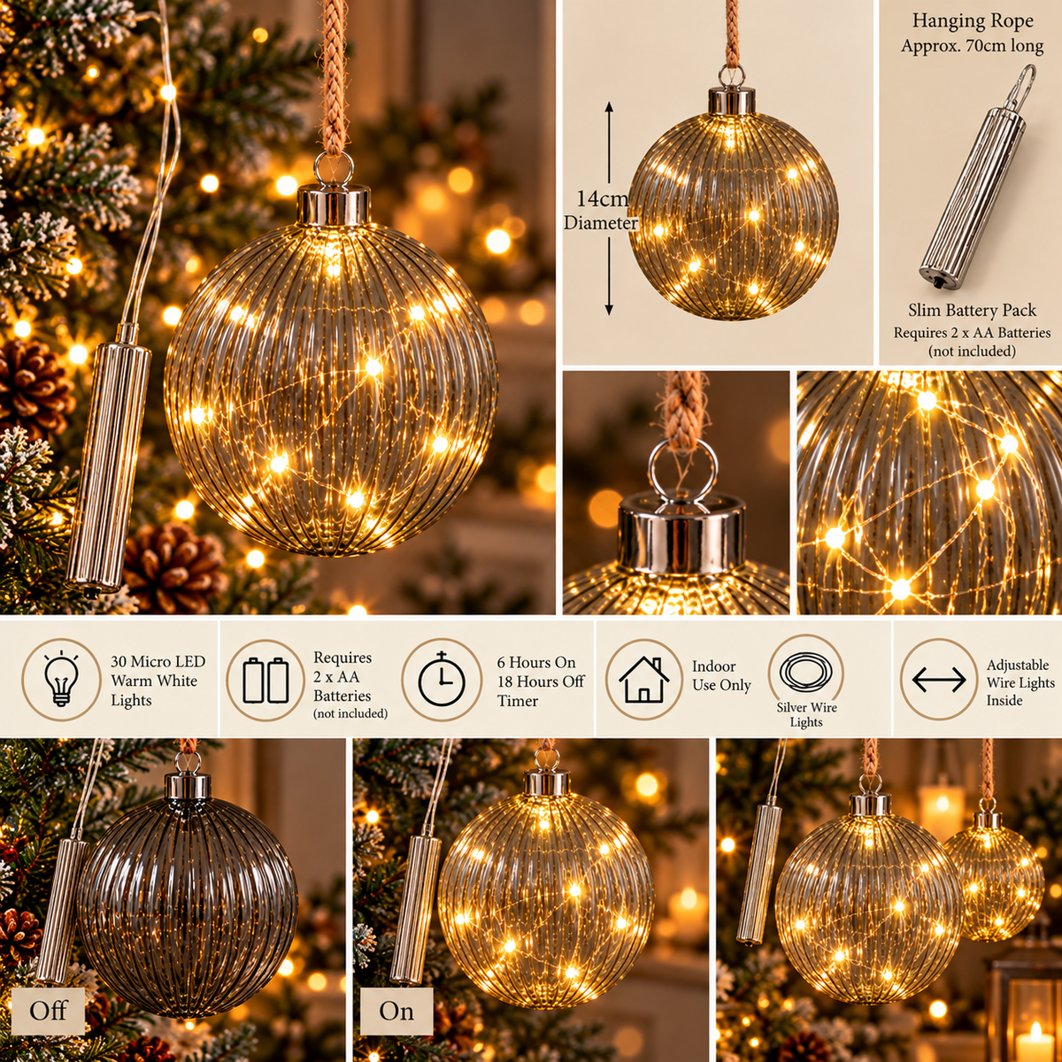 14cm Ribbed Smoky Glass LED Christmas Bauble – Warm White Lights