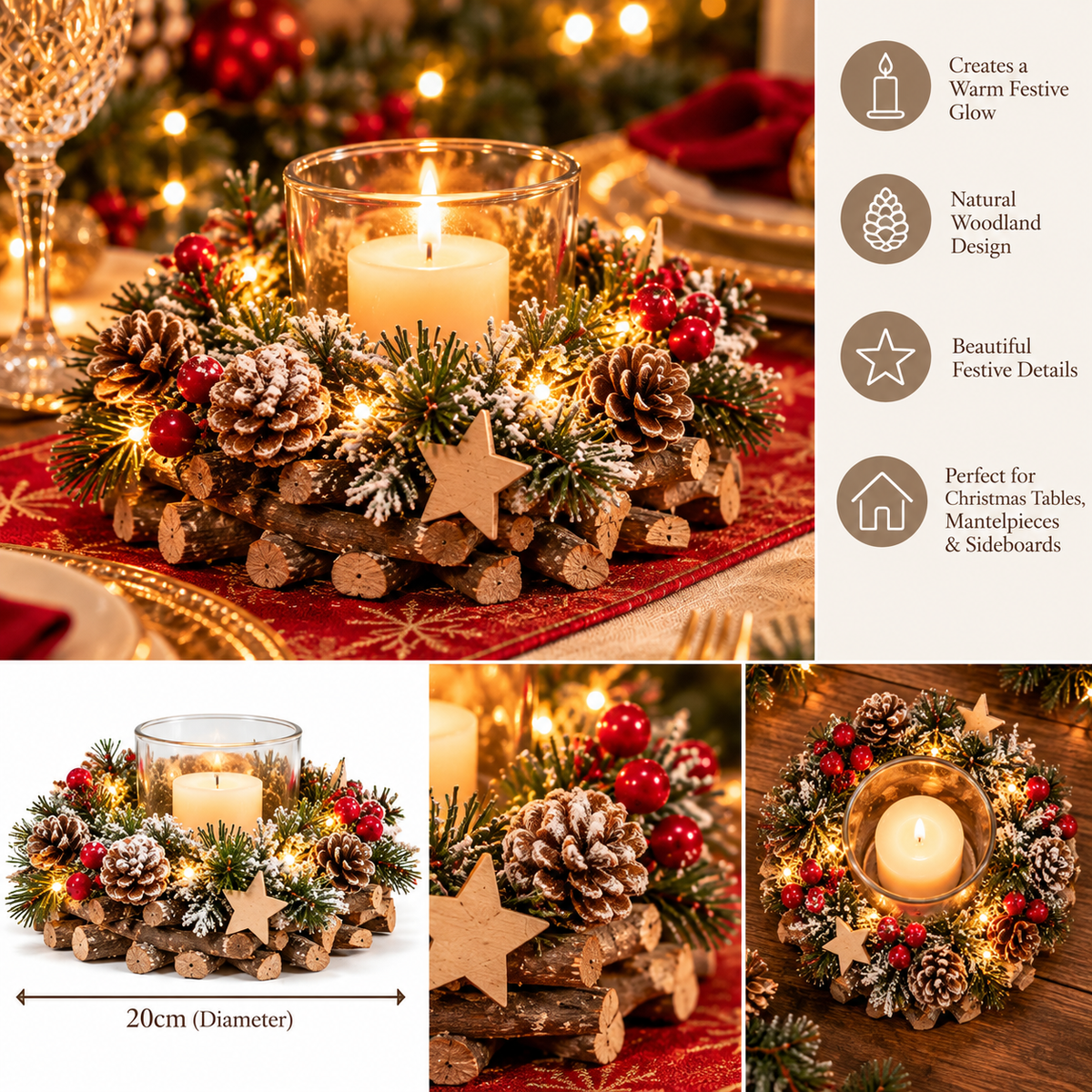 Large Frosted Berry & Pinecone Christmas Candle Holder – 20cm