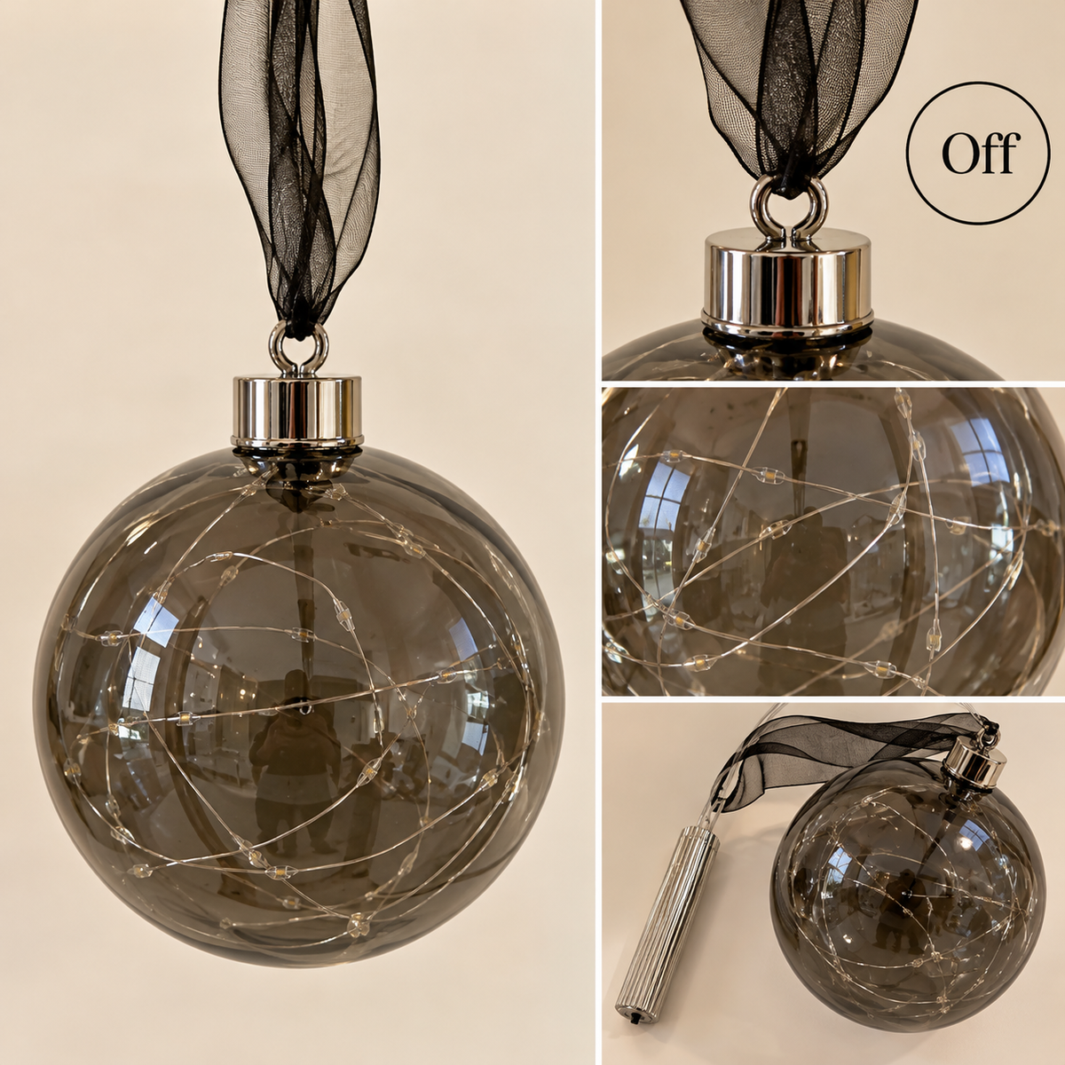 14cm Smoked Glass LED Hanging Christmas Bauble – 30 Warm White Lights