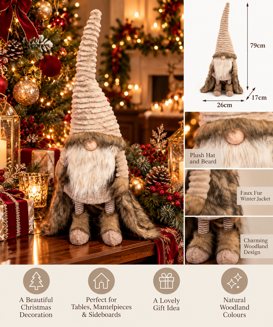 Large Christmas Woodland Gonk with Faux Fur Coat – 79cm