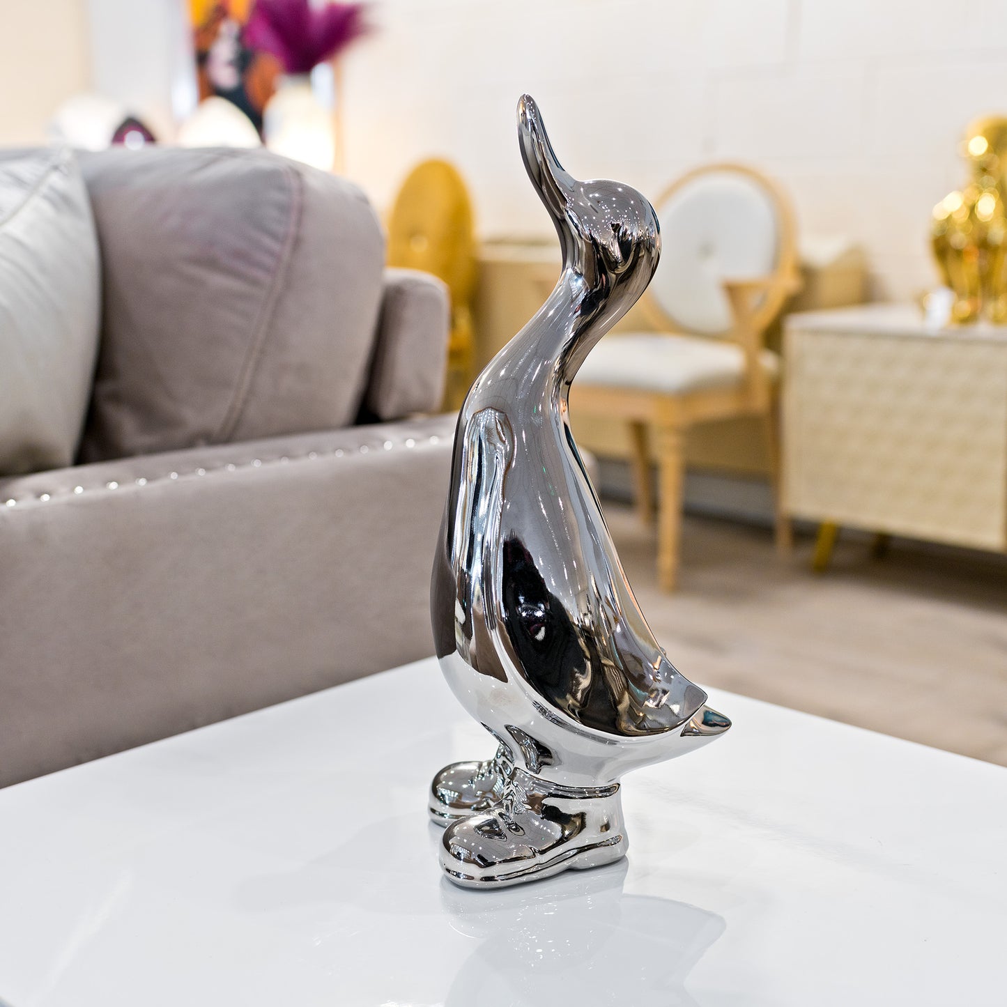 Ceramic Silver Duck In Boots Standing