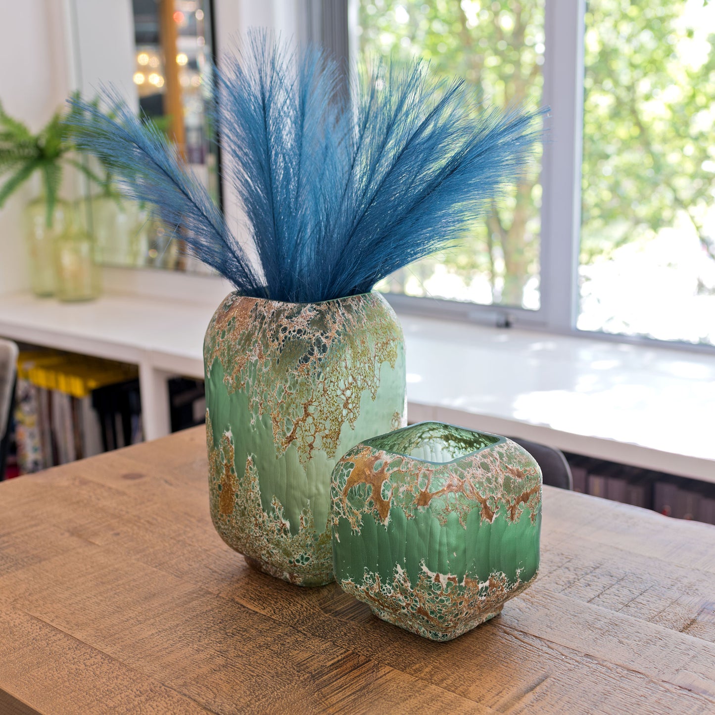 Volcanic Lava Cube Vase Green/Gold