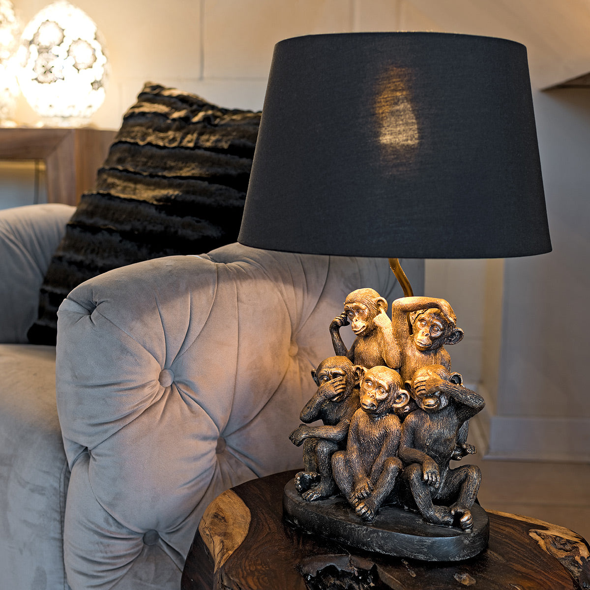 Monkey Table Lamp - See/Hear/Speak No Evil Black/Gold shade