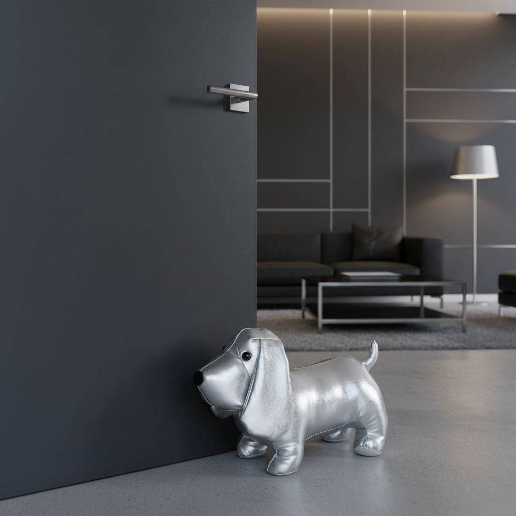 Shiny Silver Dog Door Stop - Diamante Collar
