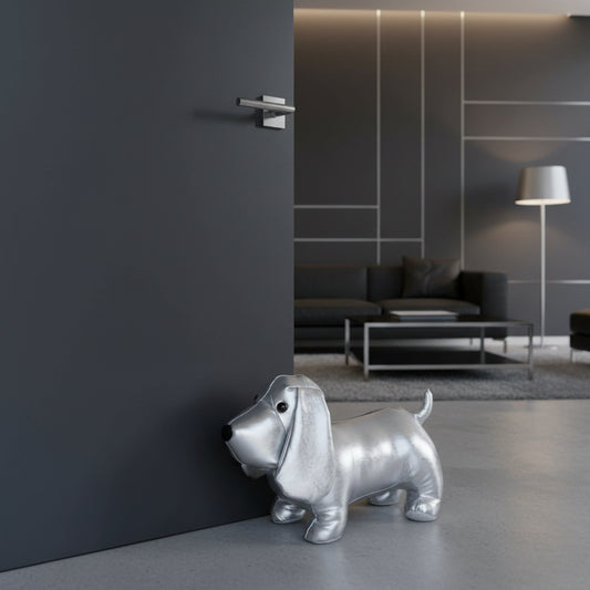 Shiny Silver Dog Door Stop - Diamante Collar