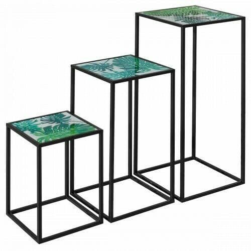 Nest of 3 Tall Tables - Green Leaf Design - Acrylic Top - Black Frame